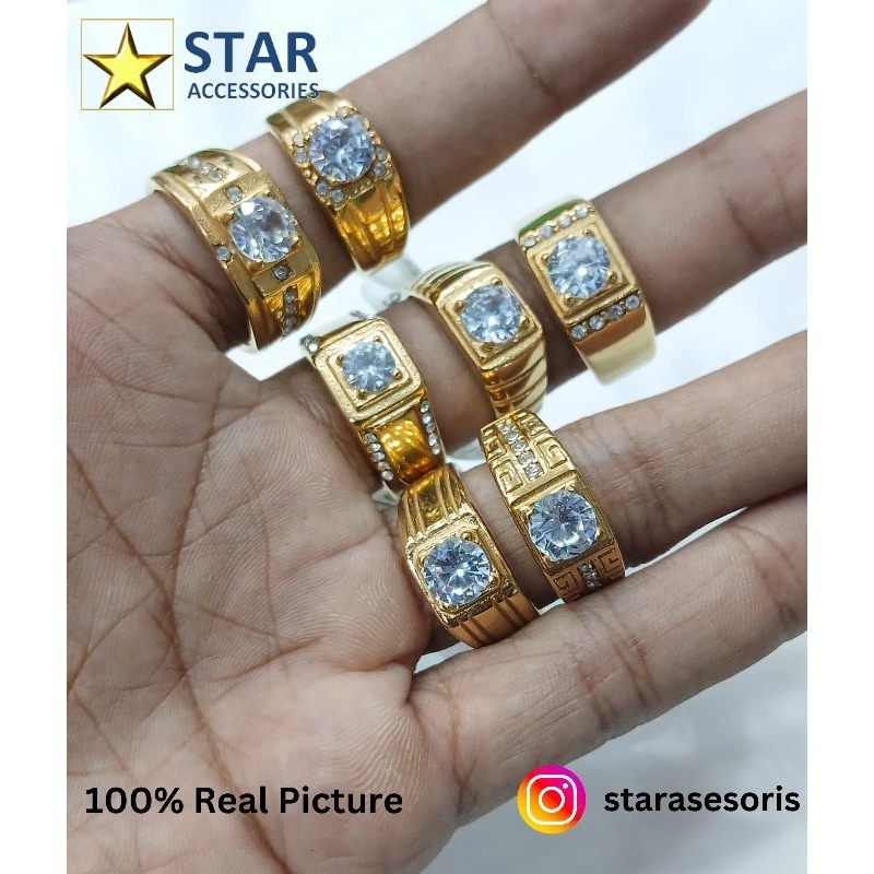 Cincin Titanium Batu Zircon Pria Cowok Gold Stainless Steel Titanium