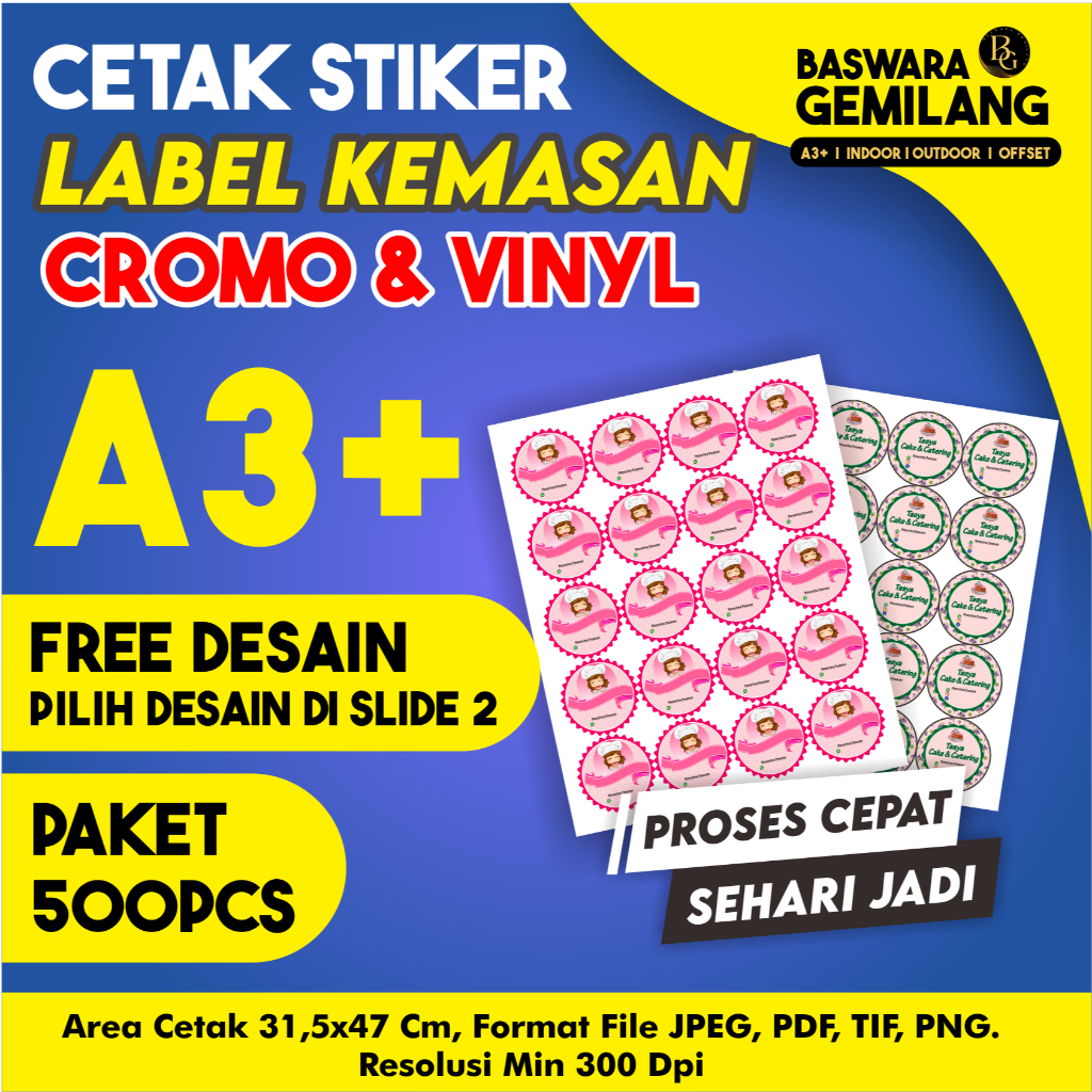 

Paket 500pcs Stiker Label Kemasan Cromo, Vinyl White & Vinyl Transparan