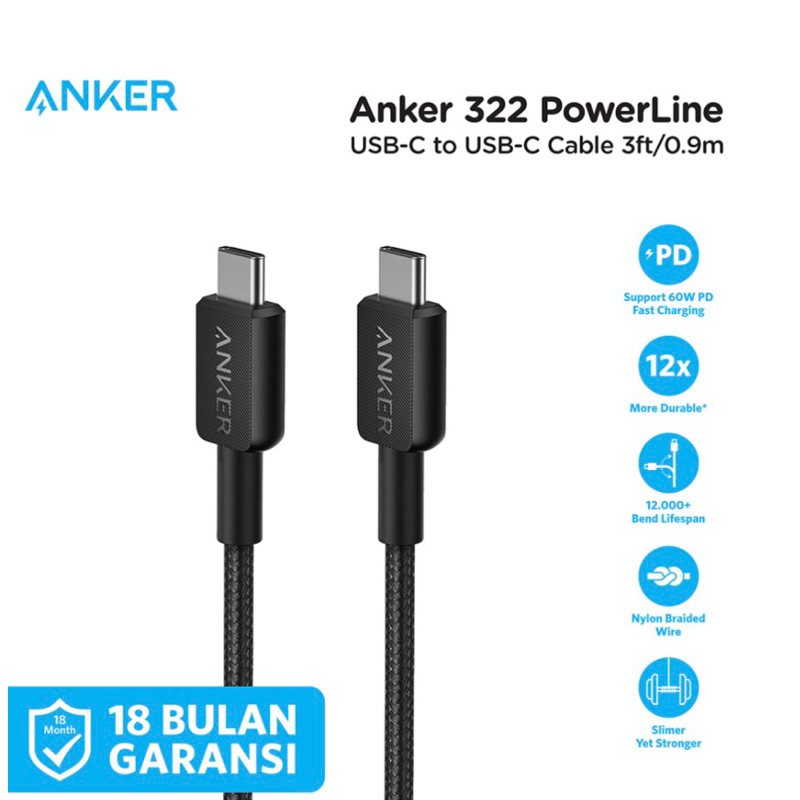 Kabel anker 322 powerline c to c dan charger usb c to c anker 25 watt