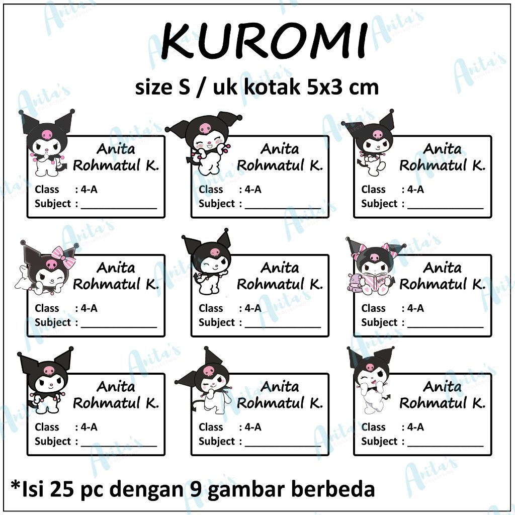 

25pc STIKER NAMA BUKU PELAJARAN ANAK SEKOLAH tema KUROMI | size S / 5x3 cm | CUSTOM