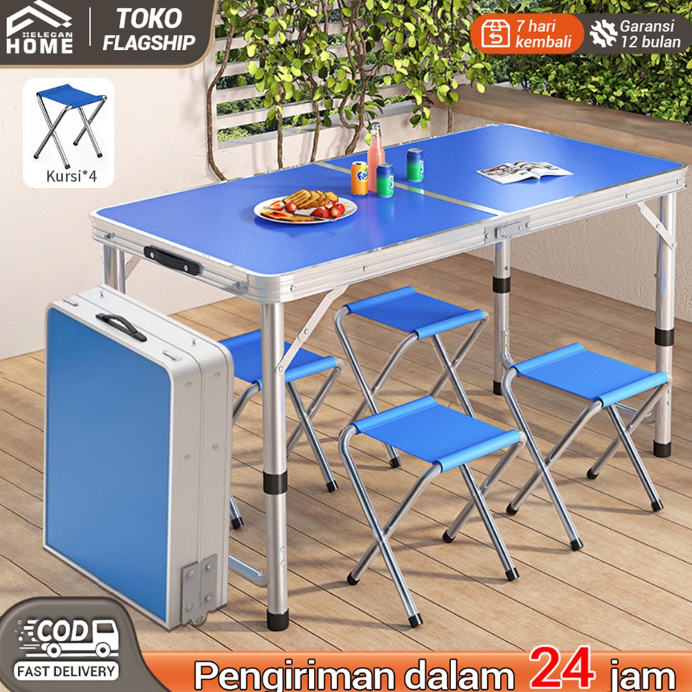 Terbaik Garansi 1 tahun EHome Meja Lipat Koper 4 Kursi Meja Lipat Meja Koper Aluminium meja Portable