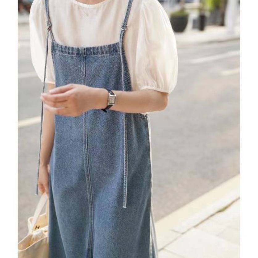 Terlaris Ekouaer baju kondangan wanita kekinian overall dress jeans jumbo midi dress denim rok belah