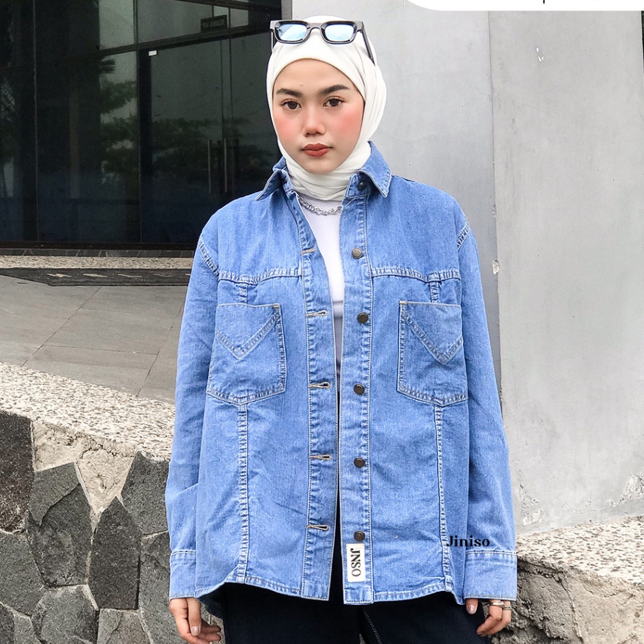 Ready Stok JINISO Jaket Jeans Oversize Safari Baby Blue