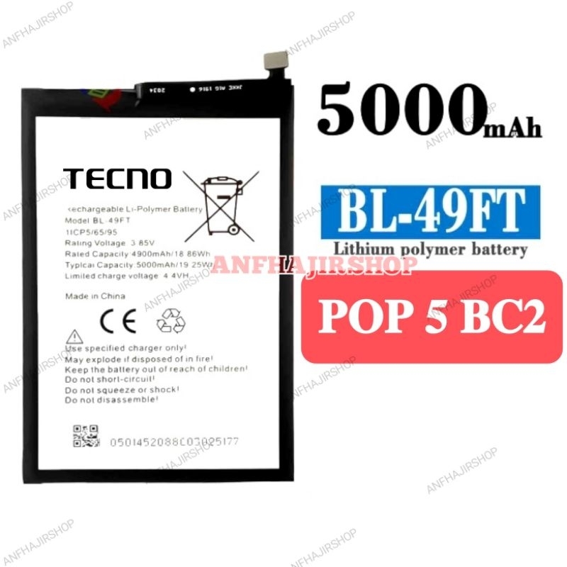 BATRE BATERAI TECNO POP 5 BC2 BL-49FT BATRAI BATTERY TECNO POP5 BC 2 BL49FT BL 49FT ORIGINAL (5000mA