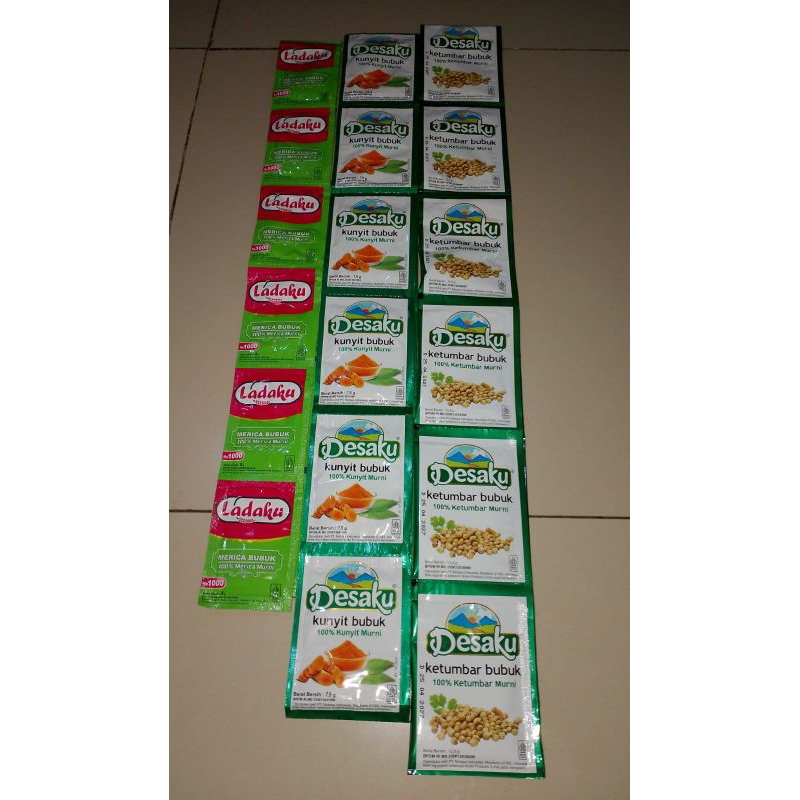 

BUMBU DAPUR DESAKU,KUNYIT,KETUMBAR & LADAKU,,1 RENCENG ISI 12 PCS