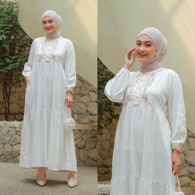 FAYOLA MIDI DRESS BORDIR | Midi Susun Bordir | Midi Susun | Midi Dress bahan twil | Midi Bordir Elfa
