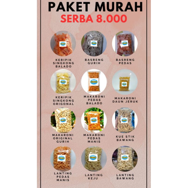 

Paket Camilan Cemilan Murah Serba 8.000 | jajanan murah | Keripik singkong ceriping | lanting kelanting alen-alen | makaroni macaroni | stik bawang | kue bawang | Basreng | premium original asin gurih balado pedas manis keju bawang daun jeruk murah enak.