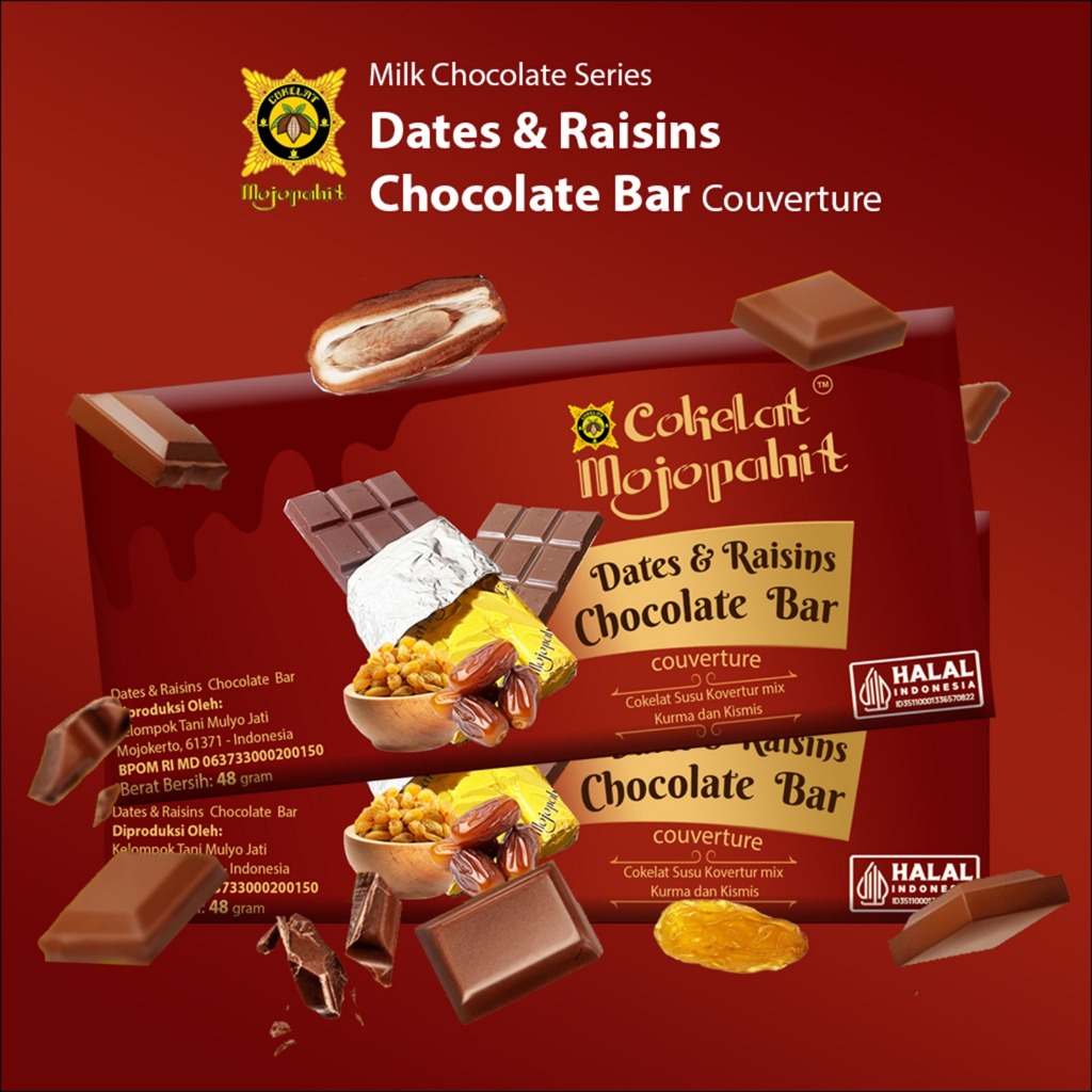 

COKELAT MOJOPAHIT I MILK CHOCOLATE SERIES 48 GR I DATES & RAISINS CHOCOLATE BAR COUVERTURE