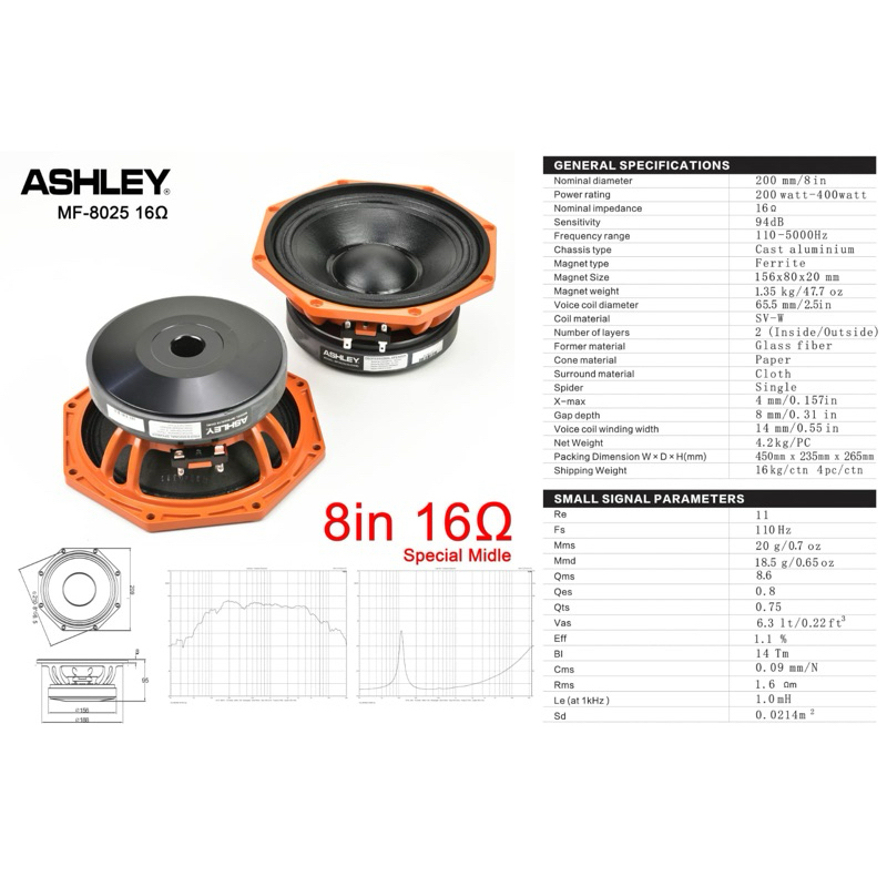 SPEAKER ASHLEY 8 inch MF 8025 ORIGINAL 16 ohm Untuk line array Speaker Ashley MF 8025