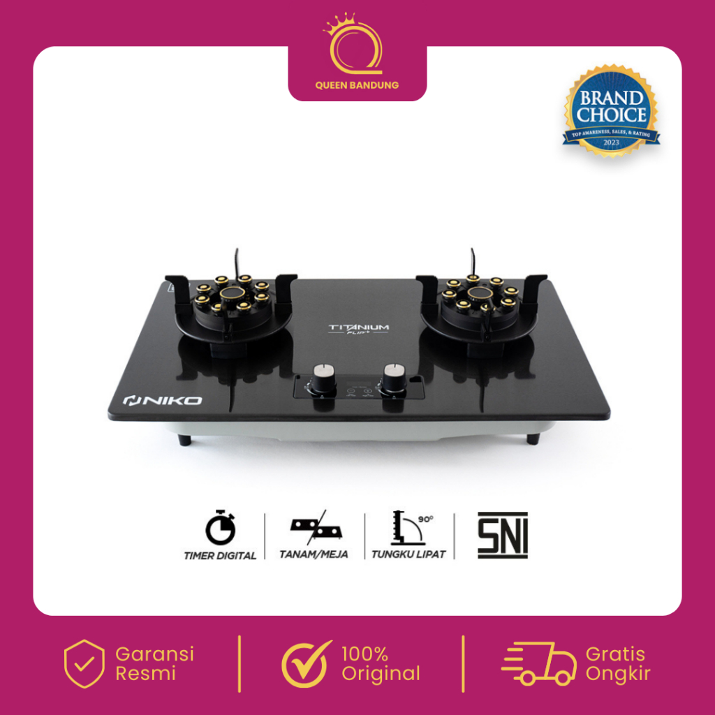 NIKO Kompor Gas 2 Tungku Titanium Flip Plus Timer Kompor Gas Tanam Stainless Steel
