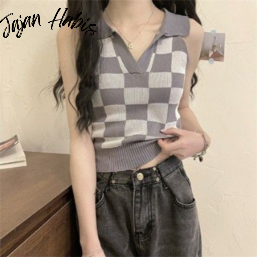 JABIS Baju Crop Wanita Korean Diamond Kode 6859  Plaid Knit Vest Crop Top Rompi Rajut Korea V Neck B