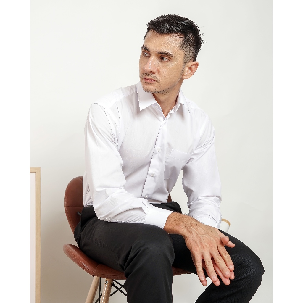 terbaru boss kemeja polos pria lengan panjang putih