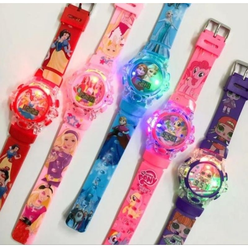 Jam Tangan Anak LAMPU LED Warna Warni Silicon Karakter Frozen, Cinderella, LittlePony, Marvel, Barbi