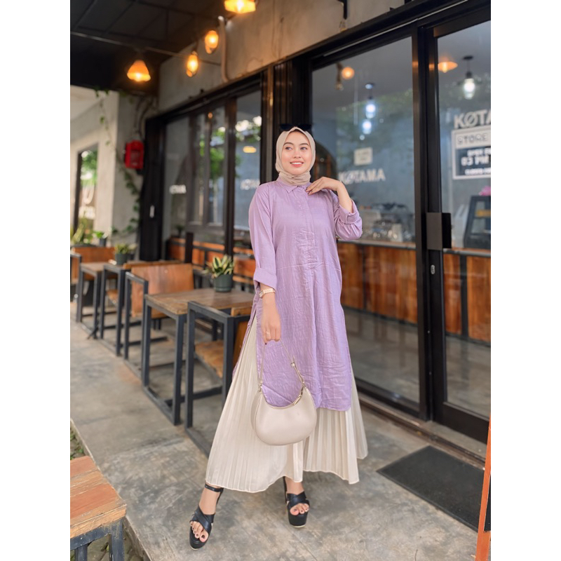 Lunara Long Tunik Atasan Kemeja Panjang Wanita Polo linen Polos Premium Full Kancing Busui
