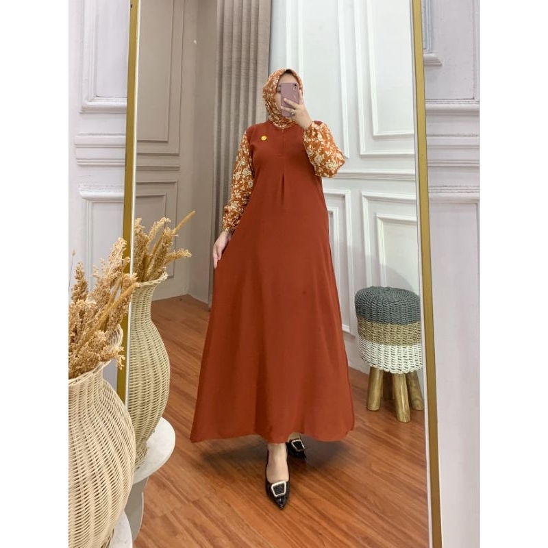 (FREE HIJAB)Alya Midi Dress Crinkel Airflow Mix Rayon
