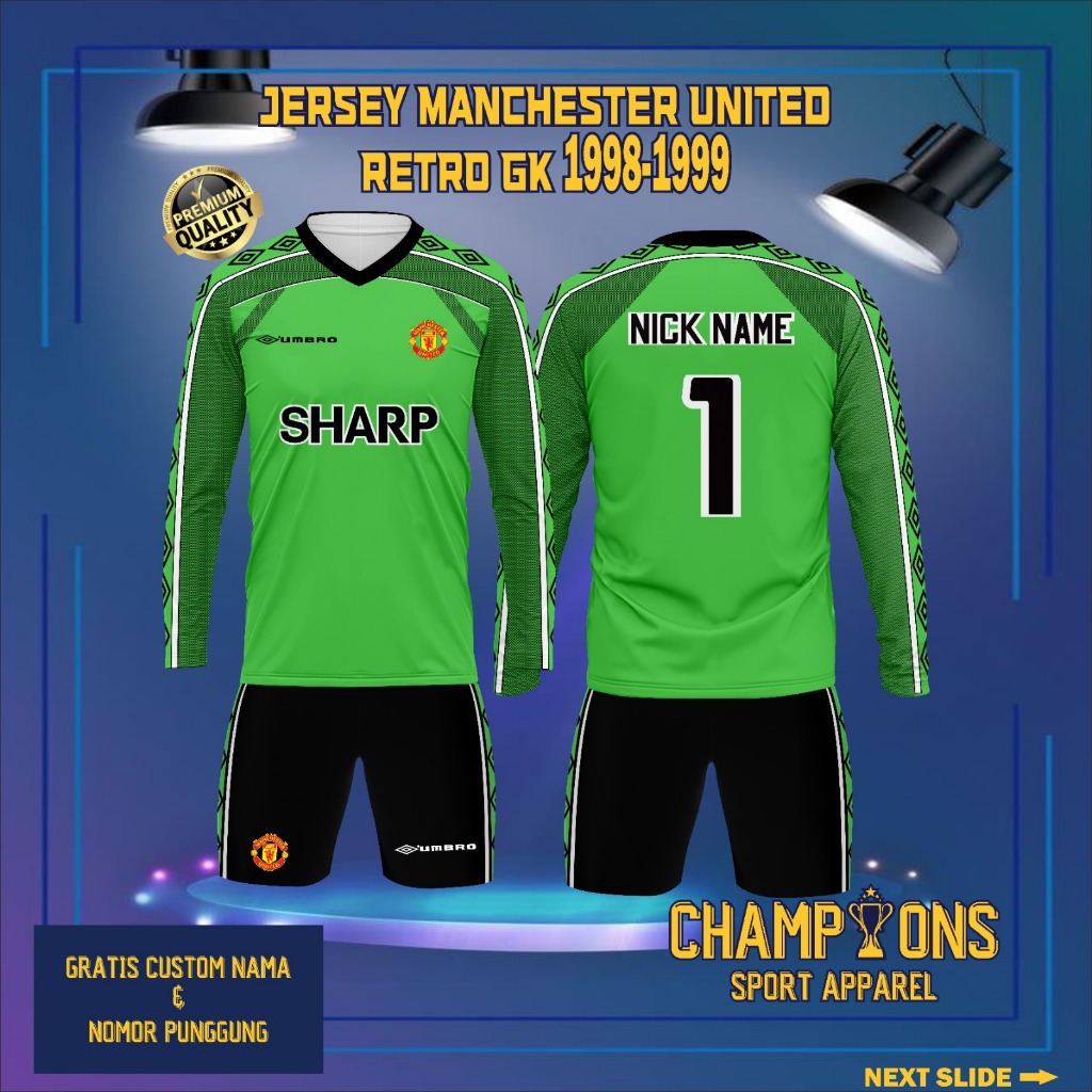 Jersey Klub MANCHESTER UNITED KIPER 1998-1999 Lengan Panjang - Liga Champions UEFA, Jersey Retro Ber