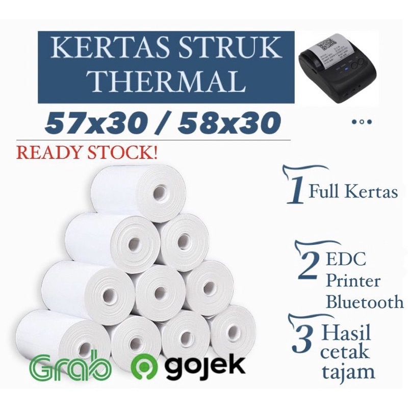 

Kertas Thermal 58mm Paper Roll Coreless. Kertas Struk Kasir - Hitam