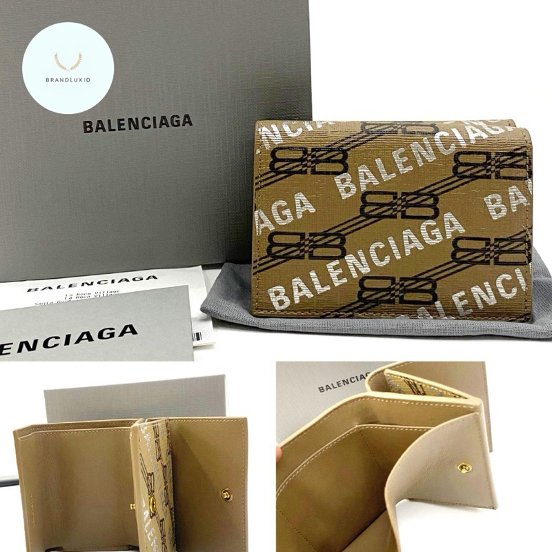 Balenciaga trifold mini wallet monogram logo brown