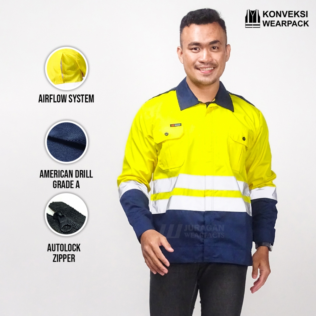Wearpack Atasan Kerja Warna Kuning Lengan Panjang Kombinasi Biru Navy
