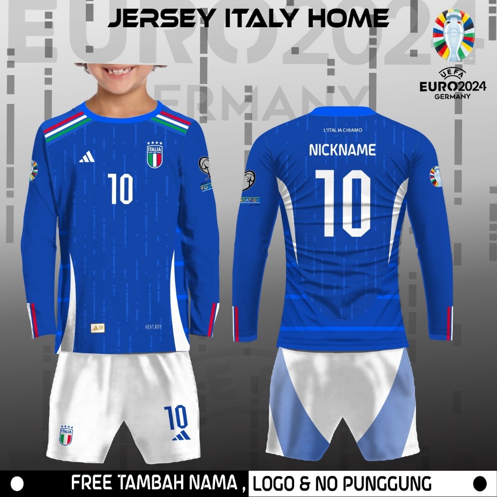 Setelan celana jersey football anak kaos bola timnas itali baju piala eropa jerman 2024 lengan panja