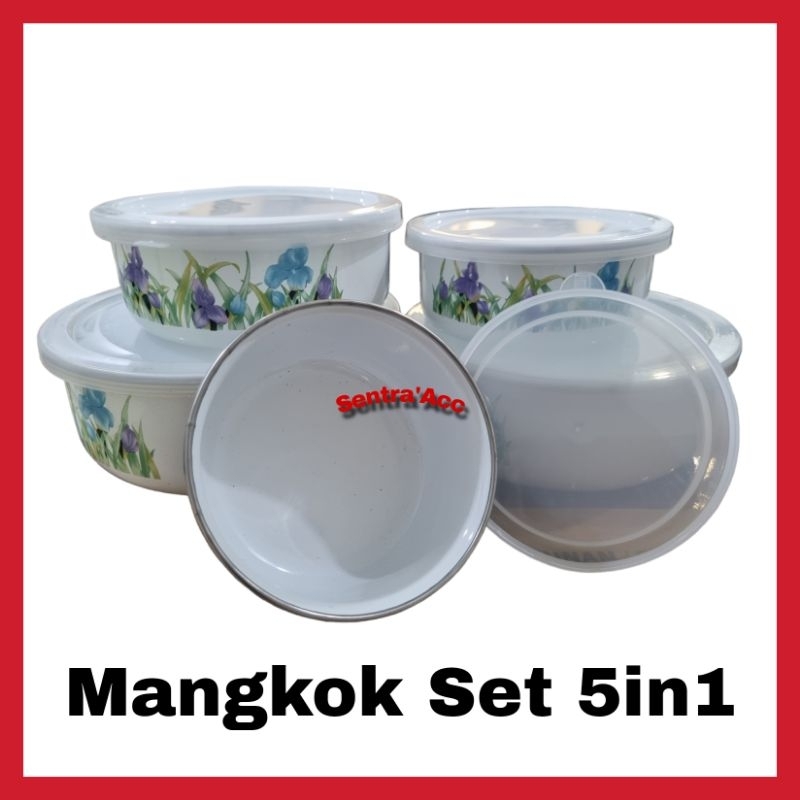 Mangkok Set Enamel 5in1 + Tutup Anti tumpah Mangkok Enamel 5pcs Rantang susun