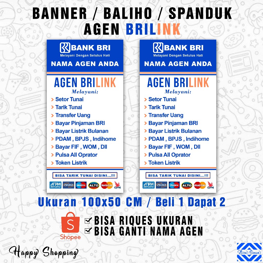 Banner Baliho Spanduk AGEN BRILINK , Ukuran 100x50CM ( Beli 1 Dapat 2 ) , Free Desain