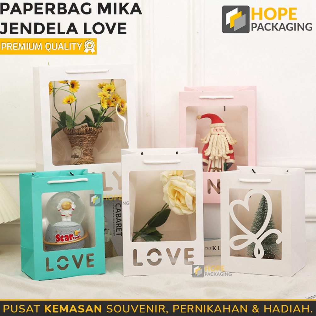 

MURMER Paper Bag Mika Bentuk LoveTulisan Love Size 25x18x 13 cm Tas Transparan Kado Bunga Souvenir Ulang Tahun Tas Kado Paper Bag Jendela