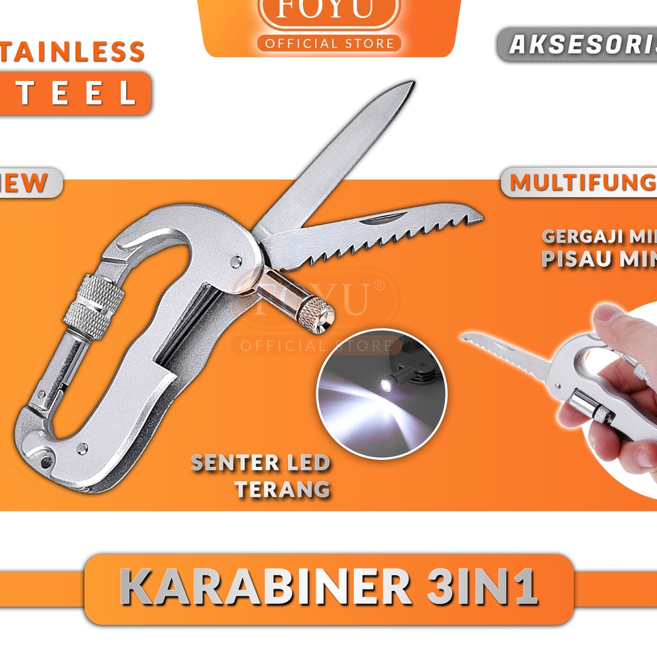 Premium Karabiner Lipat 3in1 Gantungan Kunci Multifungsi Pisau Dapur Peralatan Survival