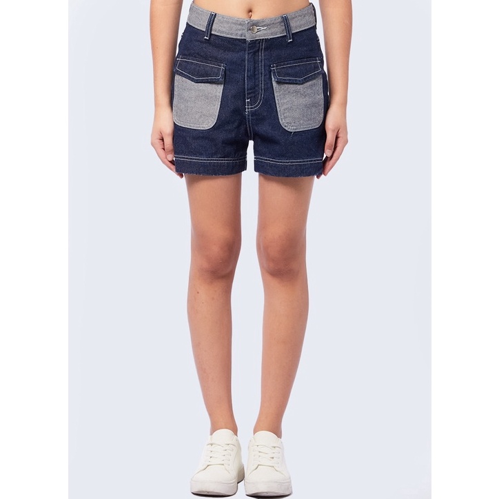 KODE I77B COLORBOX Contrast Stitching Denim Shorts Med Blue