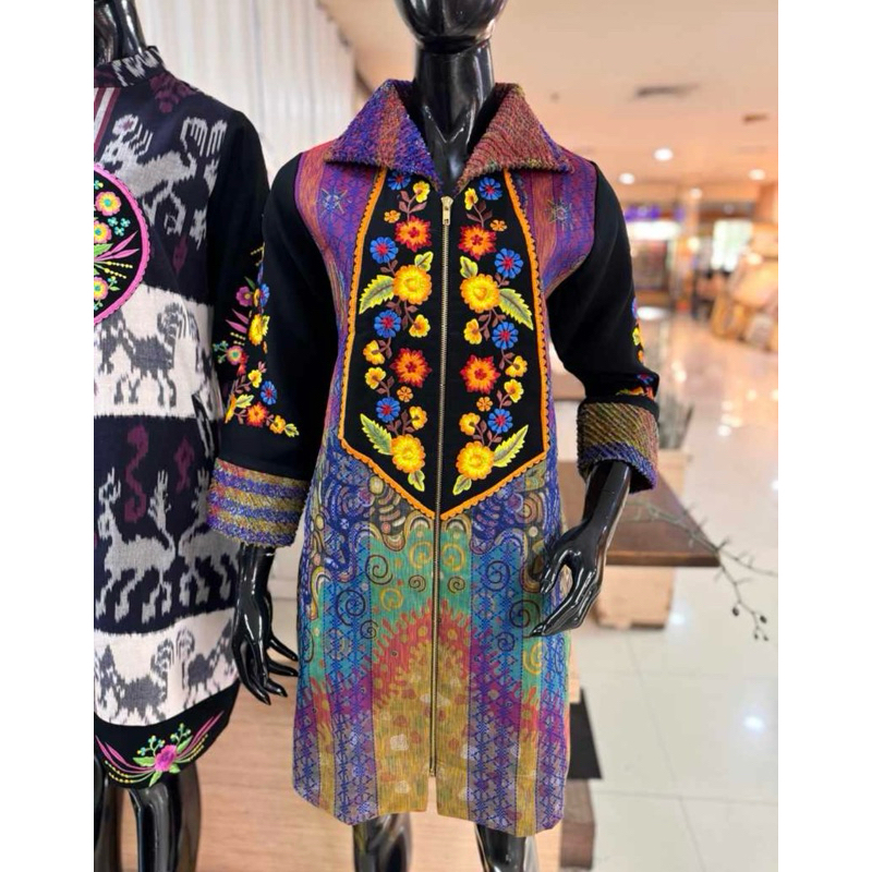 ATASAN TUNIK WANITA BAHAN TENUN LAPISAN FURING TRIKODE COMBINASI  JAITAN BORDIR EXCLUSIVE THAMRIN CI