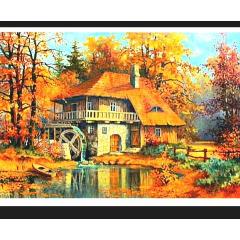 paket kristik pemandangan rumah kincir angin musim gugur pola kain watermill autumn cross stitch dmc