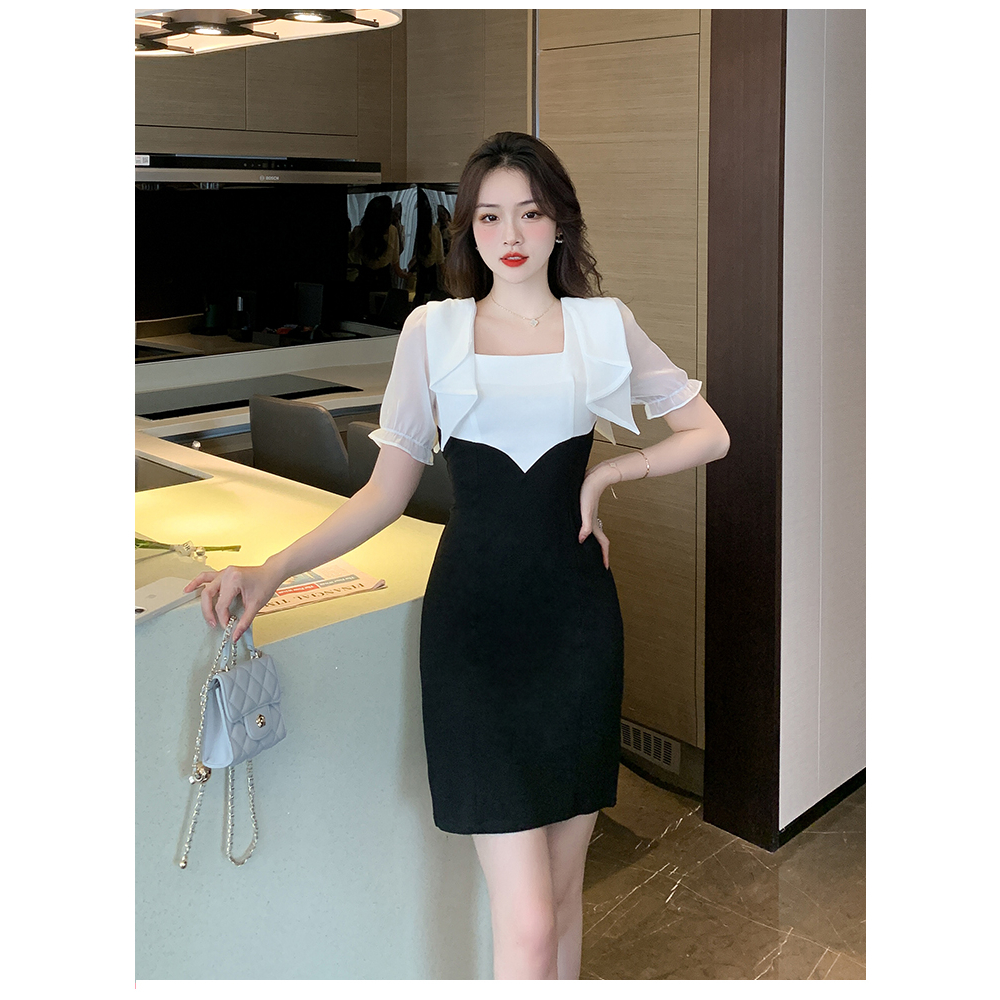 COD- Dress Korea Scuba Versi Korea Baru Stitching Bag Hip Slim Short-Gaun Wanita Slim