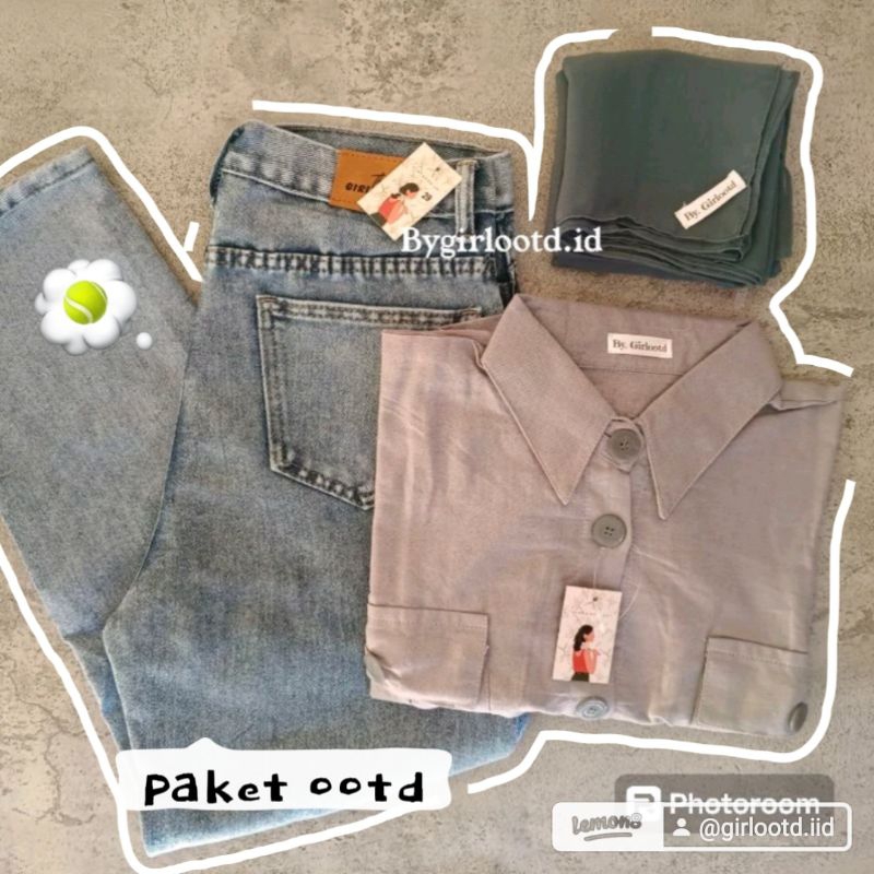 One set jaket crop (jaket+jeans highwast+hijab) setelan outfit by girlootd.id