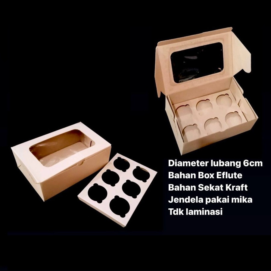

(5 Pcs) Dus Cupcake Sekat 6 Kotak Eggtart Puding Cup Box Jendela Mika Coklat Polos Size 17x25x9 Cm