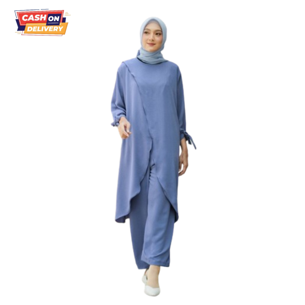 Setcel MADINA Tunik One Set Crinkle Airflow Setelan Long Tunik Tangan Karet 3/4 setelan wanita