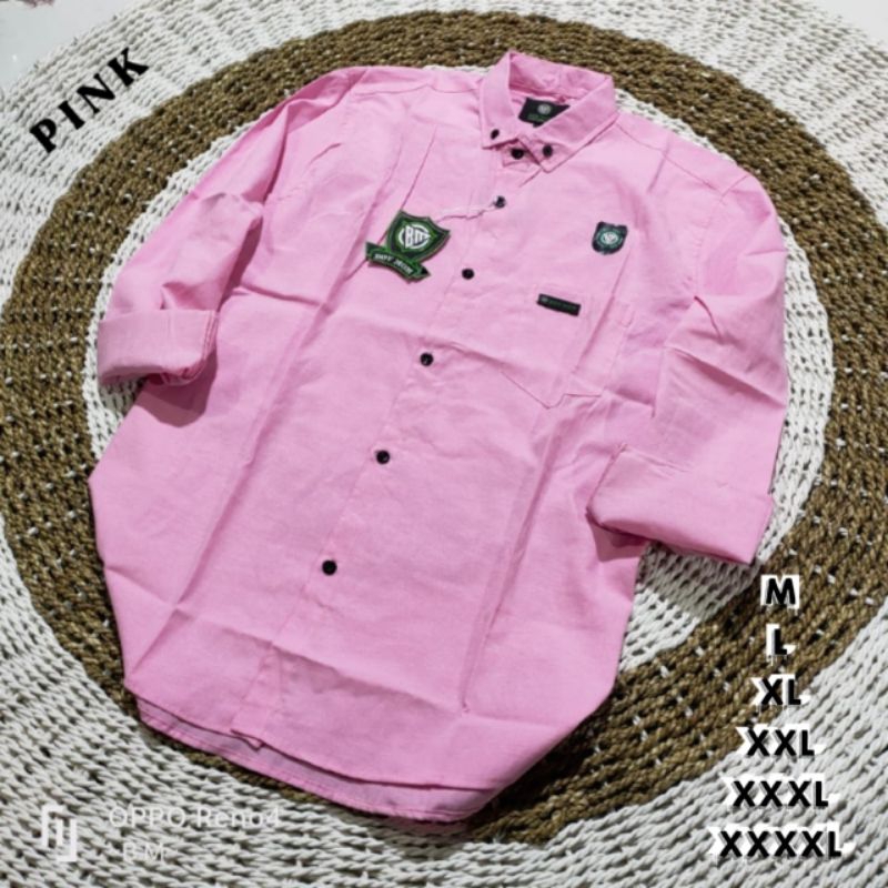 Kemeja Pink Pria Lengan Panjang Formal Hem Polos Pria Casual Kemeja Kantor Pria Pink
