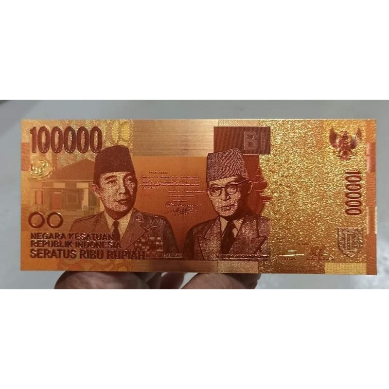 replika /  souvenir gold foil 100.000 sukarno hatta emisi 2014 full warna