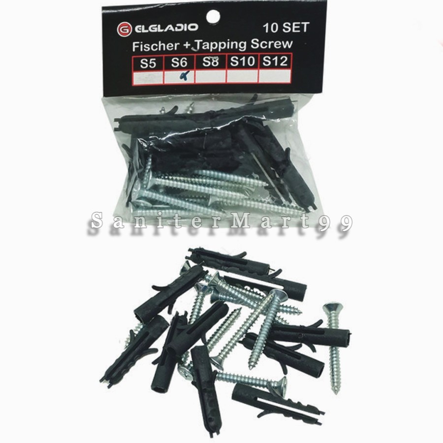 ELGLADIO WALL PISHER HITAM PVC PLUS SEKRUP S6 10/PCS FISHER +JAPPING SCREW