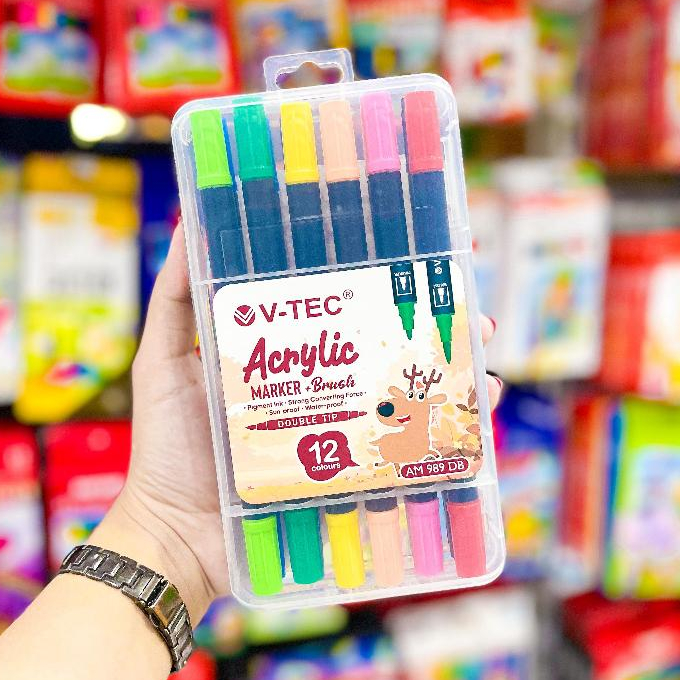 

Acrylic Marker+Brush AM 989 DB V-TEC / Spidol + Brush Pen 12 Warna