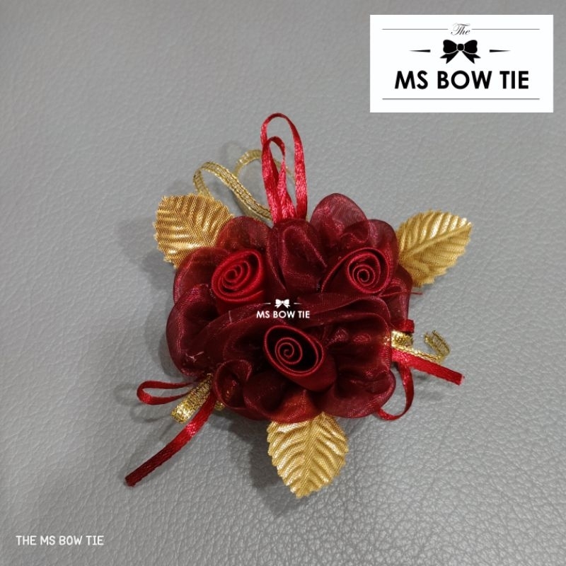 Bunga Jas (GRAND) corsage marun daun gold flower jas pin bros jas kemeja wedding bunga panitia bride