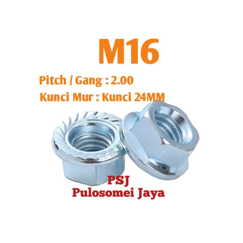 Mur Flange M16 / Flange Nut M16 Putih / Flange Nut Galvanis Putih M16