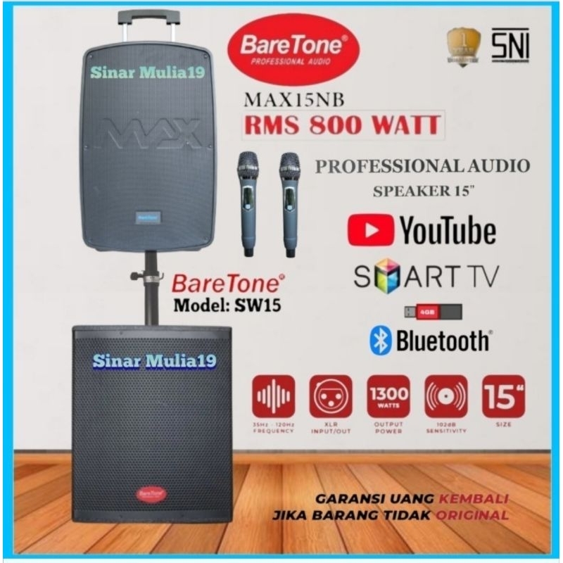 Paket Karaoke Speaker Portable 15 Inch BareTone MAX15NB Subwoofer Aktif 15 Inch BareTone SW15 Origin