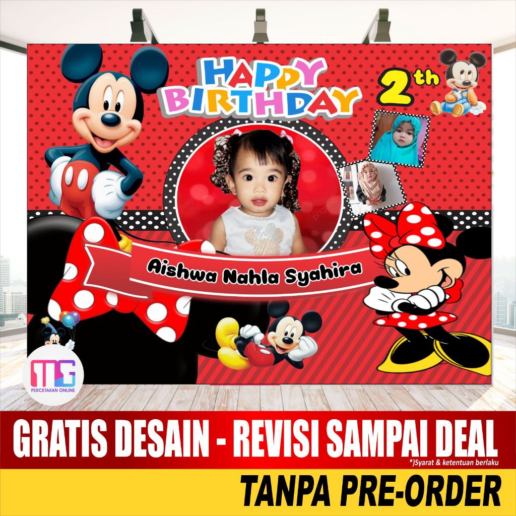 Banner Ulang Tahun Anak cowok  micky mouse | Spanduk Ultah anak  cewek karakter  minnie mouse - Bisa