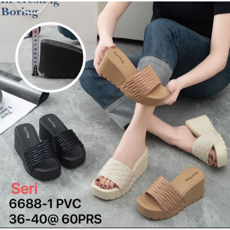 Sandal Karet Jelly Import Wedges Tinggi 9 cm Motif Salur Salur 6688 Alina