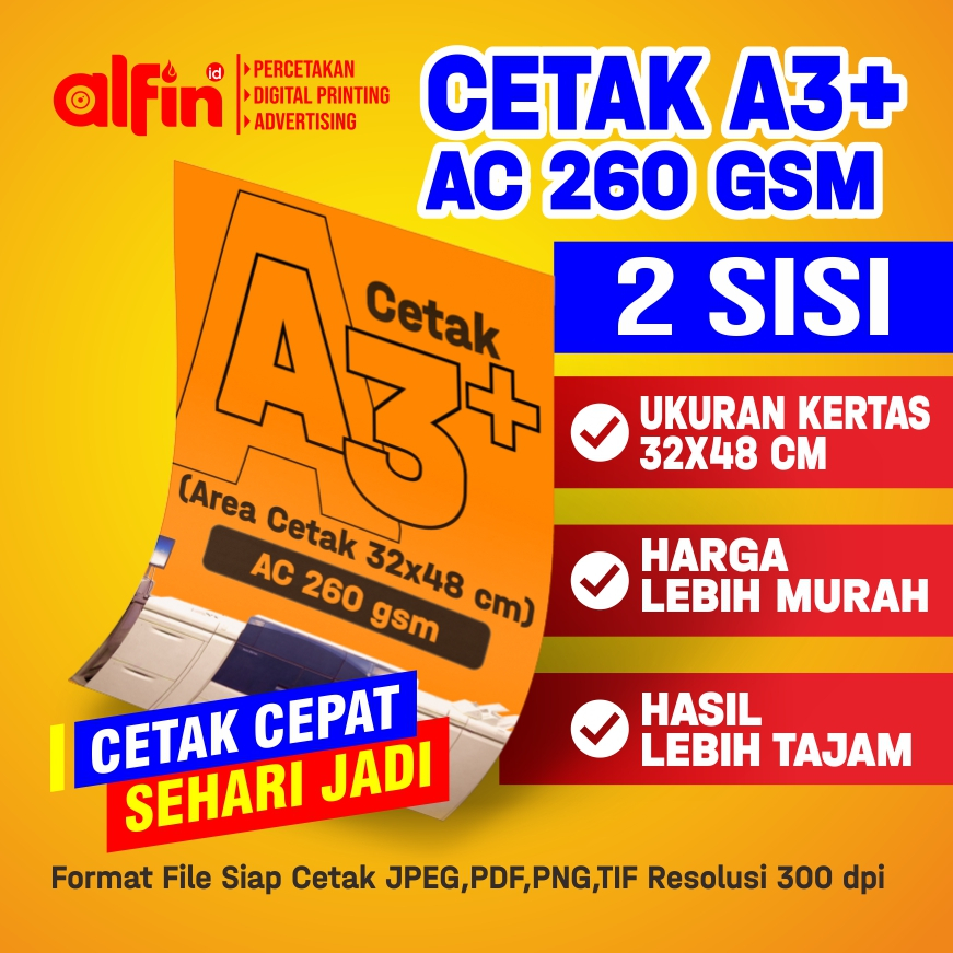 

CETAK A3+ MURAH AC260 (2 MUKA/BOLAK BALIK) / POSTER / PRINT A3+/ COVER / FOTO ART CARTON 260 GSM