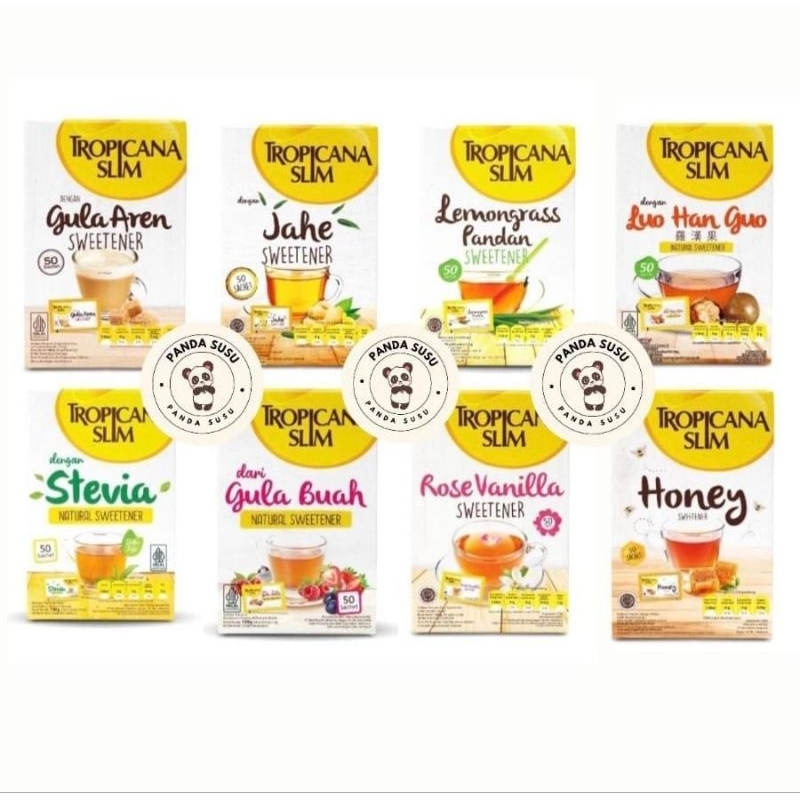 

Tropicana Slim Sweetener Stevia / Lemongrass pandan / Honey / Gula Buah / Jahe / Luo Han Guo / Gula Aren / Rose Vanilla