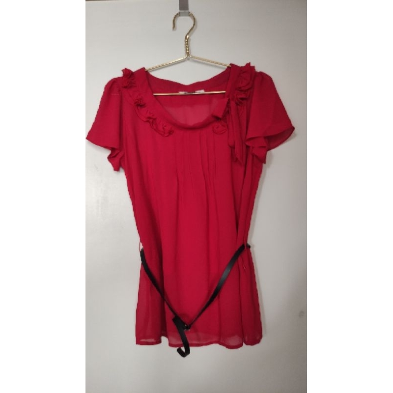 Blus Atasan Sifon Lipit Merah Kerah Rempel Pita Free Belt
