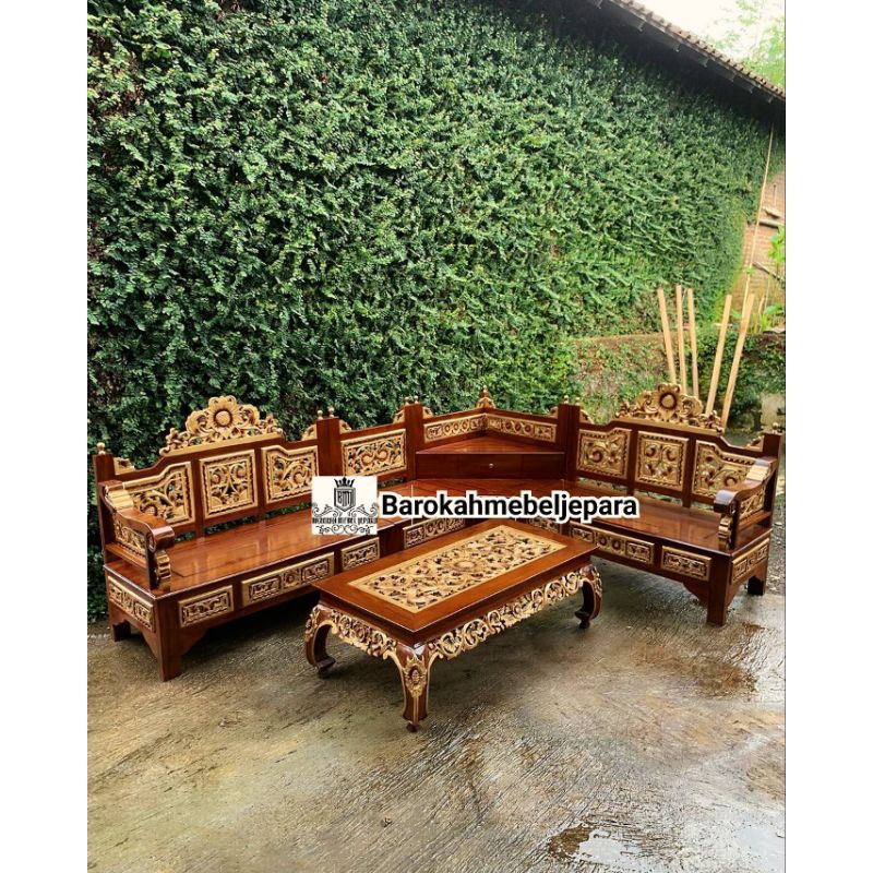 kursi tamu model L jati terlaris , kursi sudut jati meja ketapang terbaru