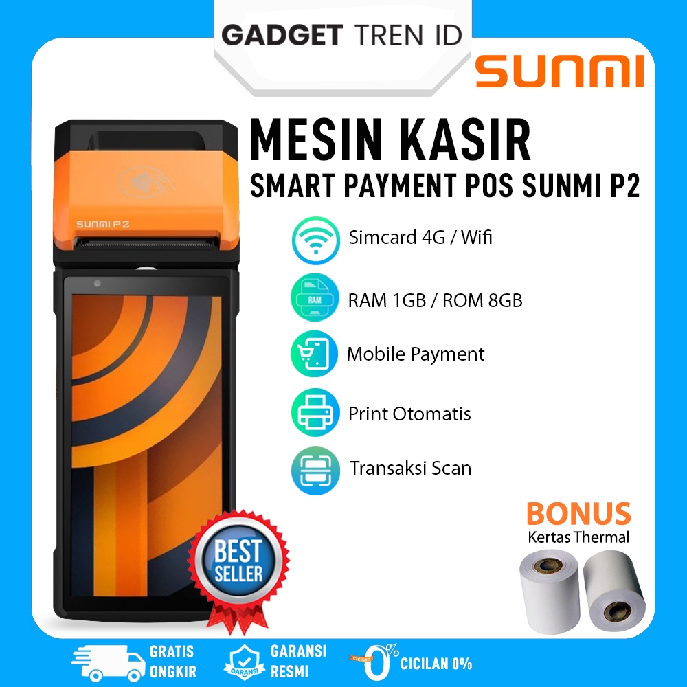 Mesin Kasir Portable Android SUNMI P2 4G 1/8GB Payment Pos Barcode Scanner Thermal Printer
