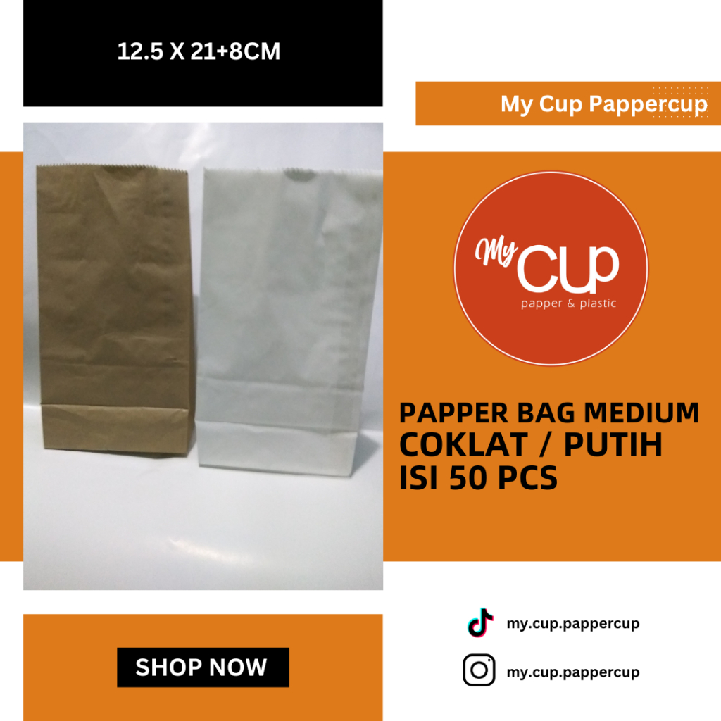 

Kantong Kertas (Paper Bag) Untuk Roti Ukuran Medium COKLAT/PUTIH Isi 50 Pcs